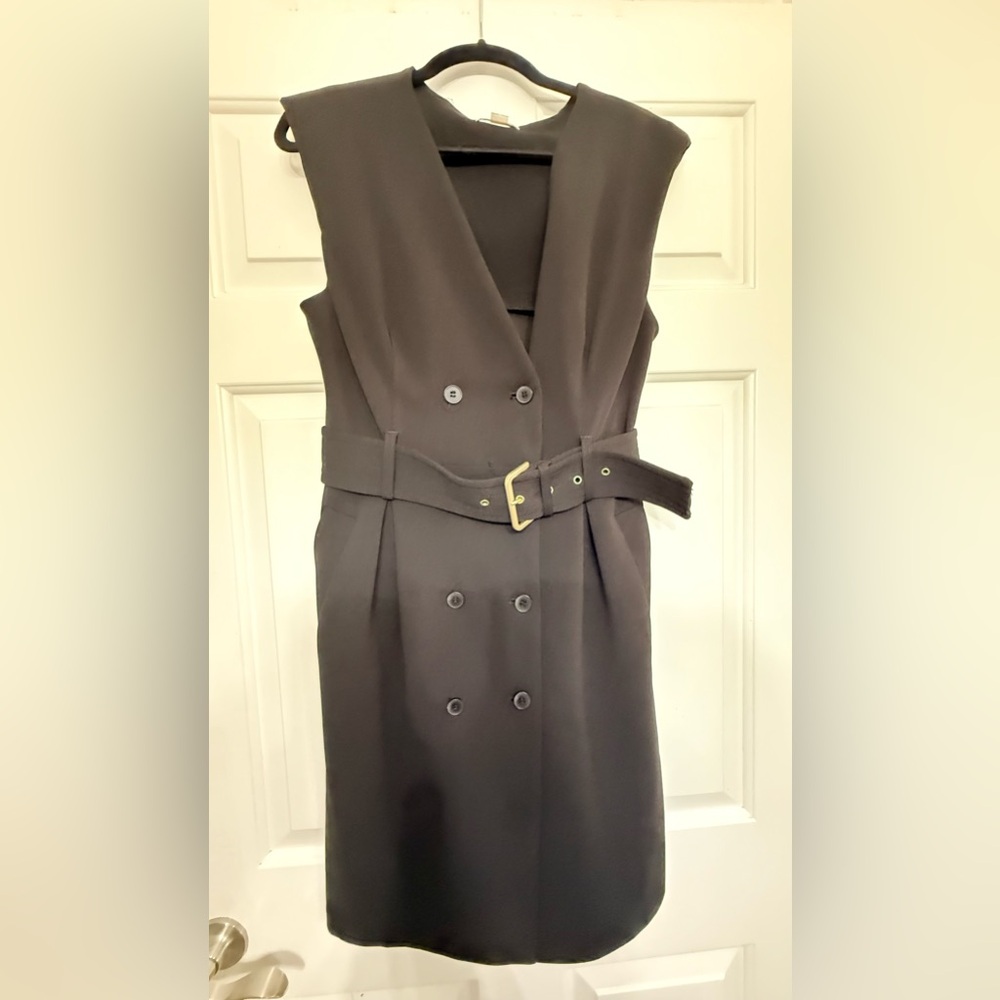 Calvin Klein Sleeveless Double-Breasted Midi Dress in Black with Belt